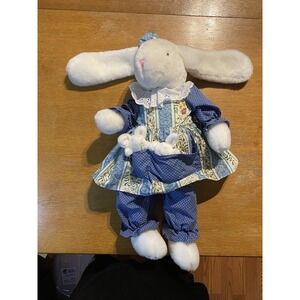 VTG Anco 1993 Bunny Rabbit Plush w/Blue Floral Dress & 2 Babies, 22" Head to Toe
